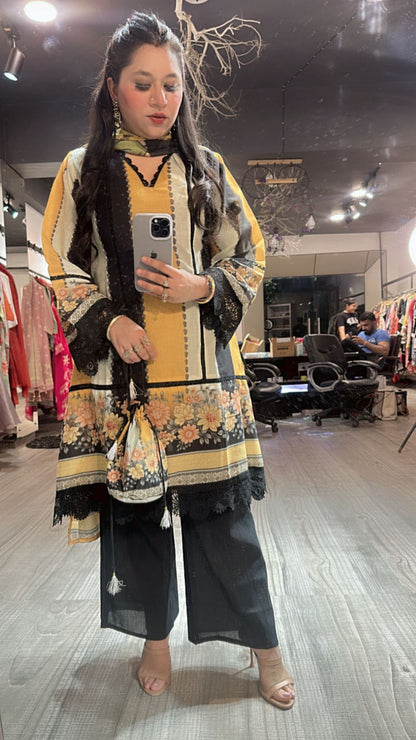 Reva Black Yellow peplum suit