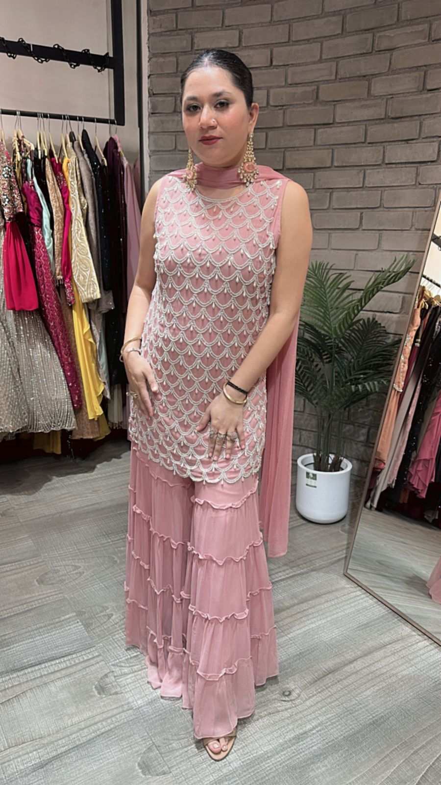 Kaju Katli peach pearl work suit