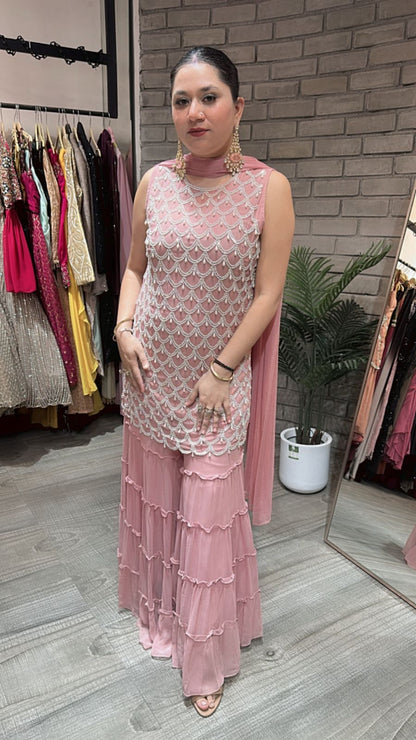 Kaju Katli peach pearl work suit