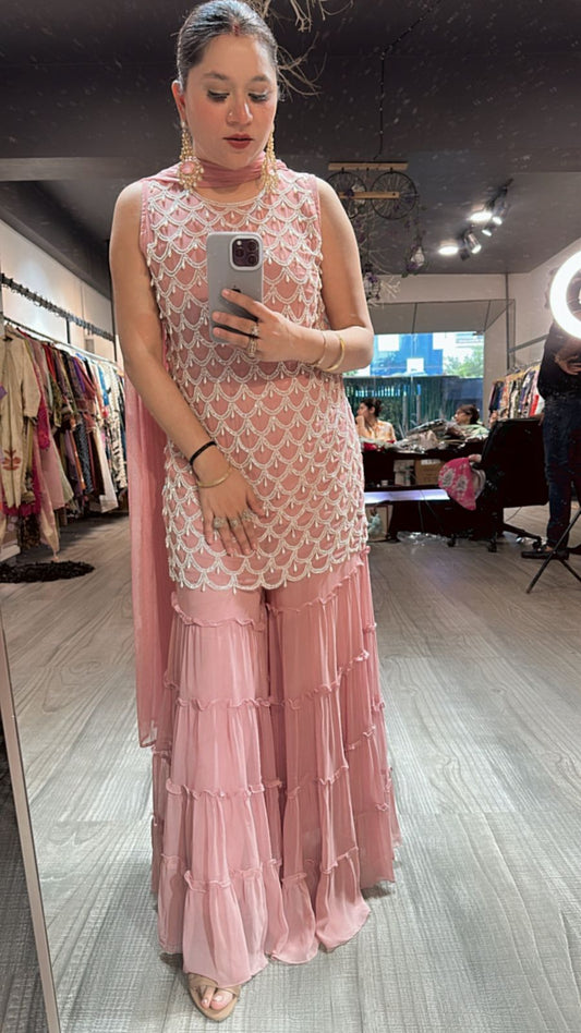 Kaju Katli peach pearl work suit