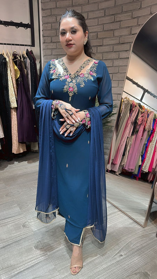Noorani Teal Blue  Designer suit