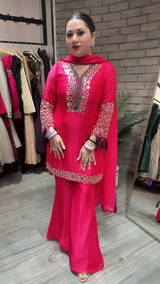 Rabri fuchsia pink Mirror work suit