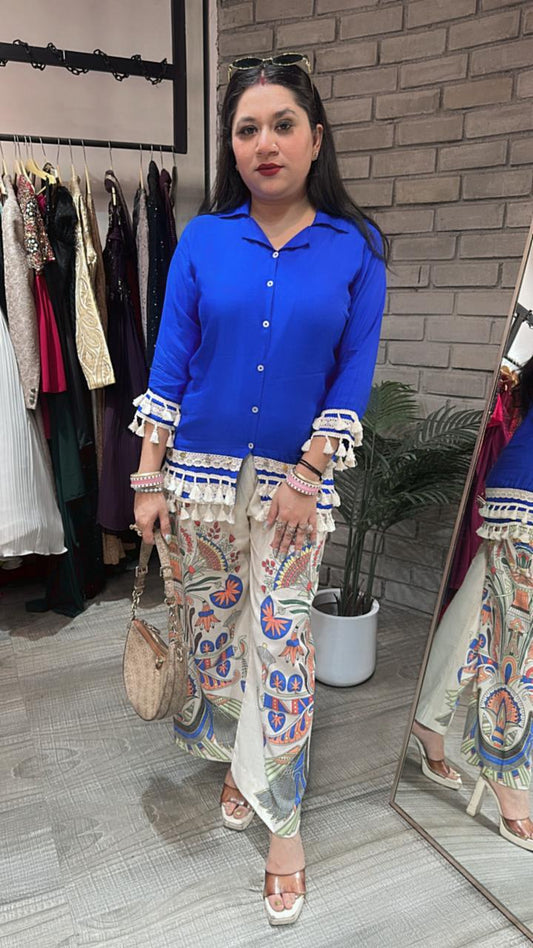 Jhilmil Elictric Blue printed pants cordset