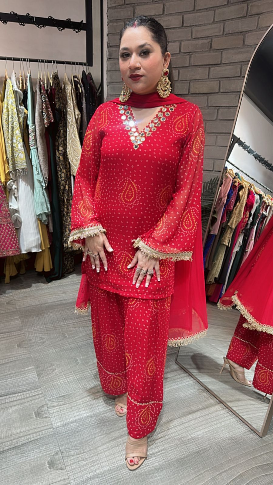Mehfil Red Leheriya Mirror Farshi Suit