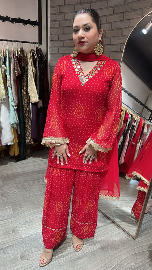 Mehfil Red Leheriya Mirror Farshi Suit