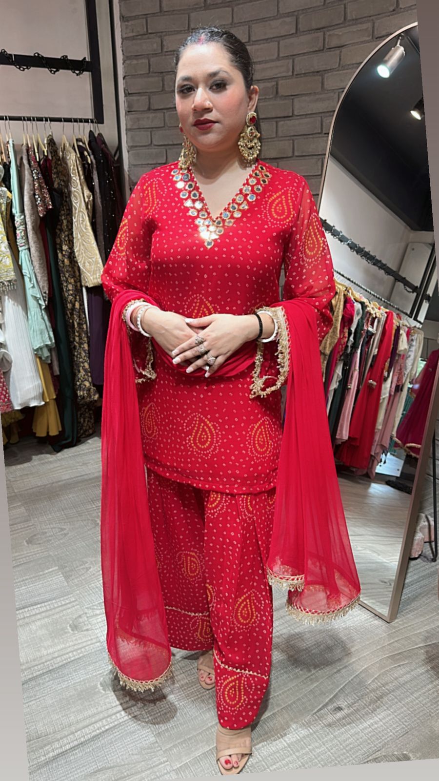 Mehfil Red Leheriya Mirror Farshi Suit