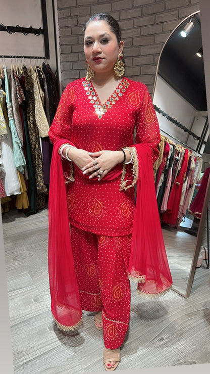 Mehfil Red Leheriya Mirror Farshi Suit