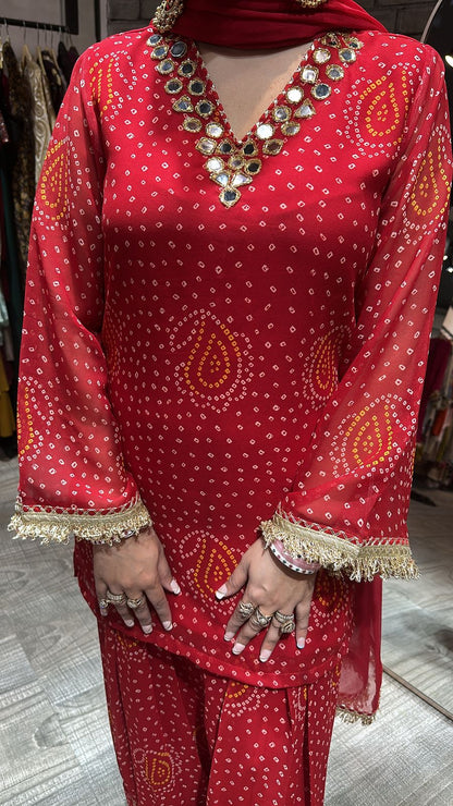 Mehfil Red Leheriya Mirror Farshi Suit