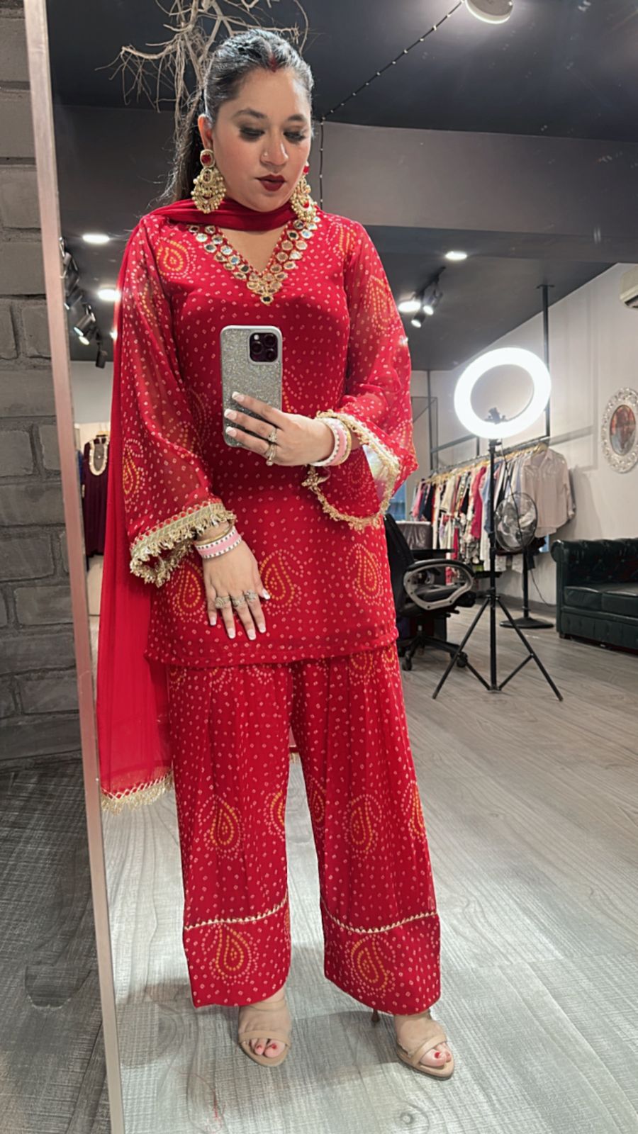 Mehfil Red Leheriya Mirror Farshi Suit