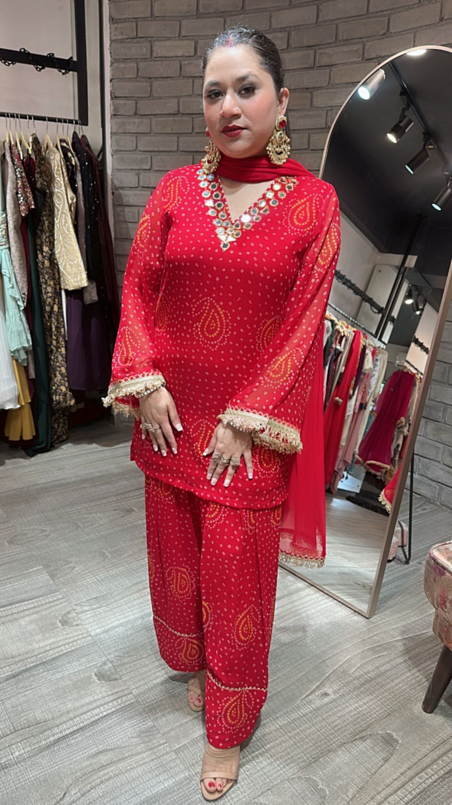 Mehfil Red Leheriya Mirror Farshi Suit