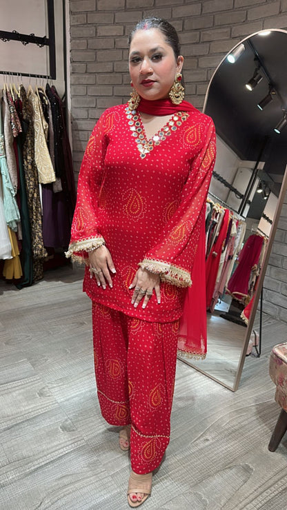 Mehfil Red Leheriya Mirror Farshi Suit