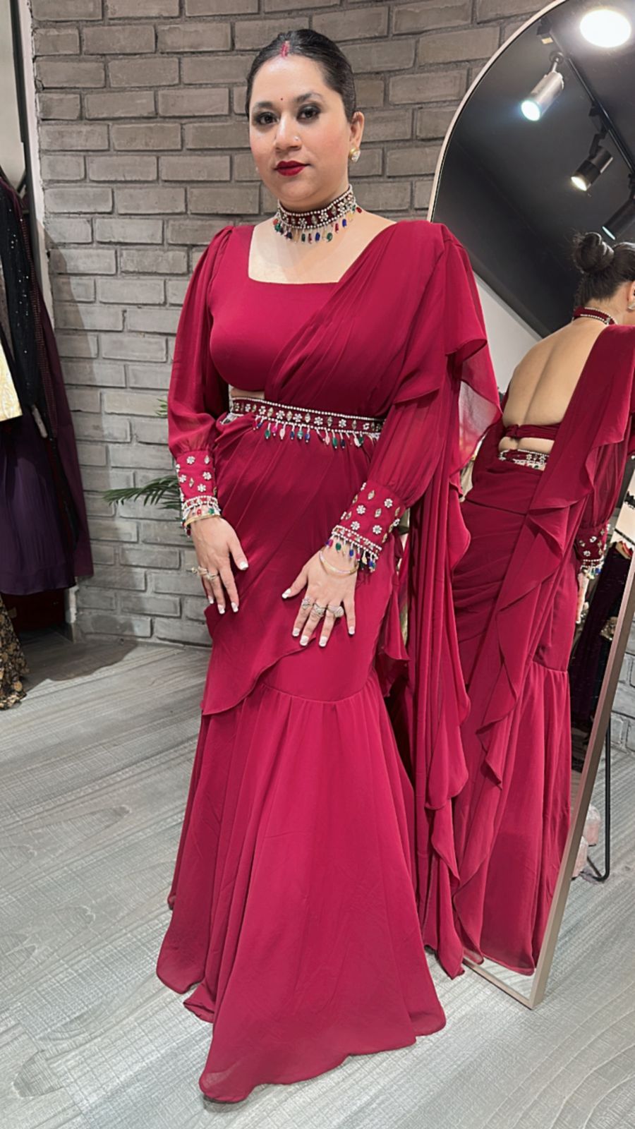 Kundan Drape Mahroon Red Designer