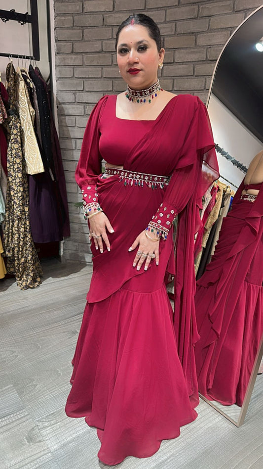 Kundan Drape Mahroon Red Designer