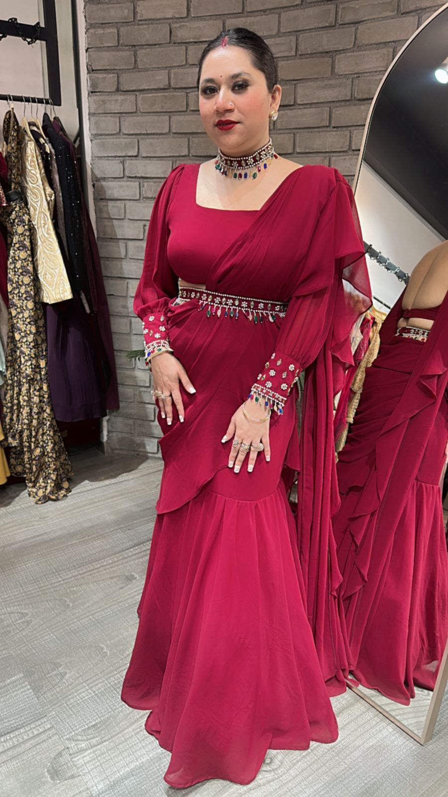 Kundan Drape Mahroon Red Designer