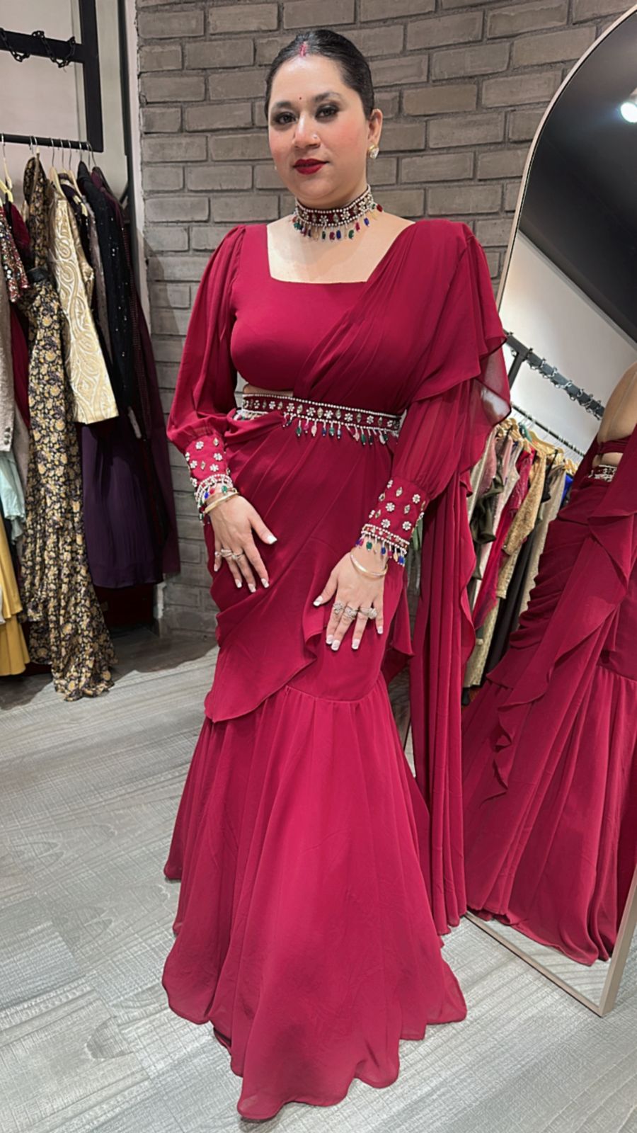 Kundan Drape Mahroon Red Designer