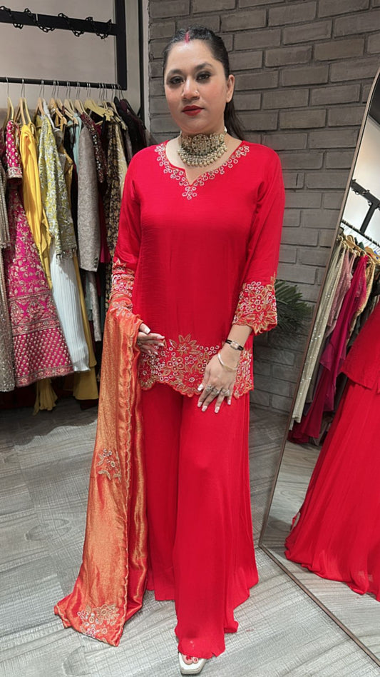 Shehnai Red Plazoo Suit