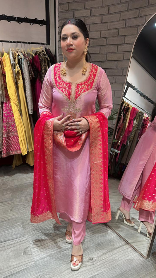 Zardosi pink Red Dupatta Suit