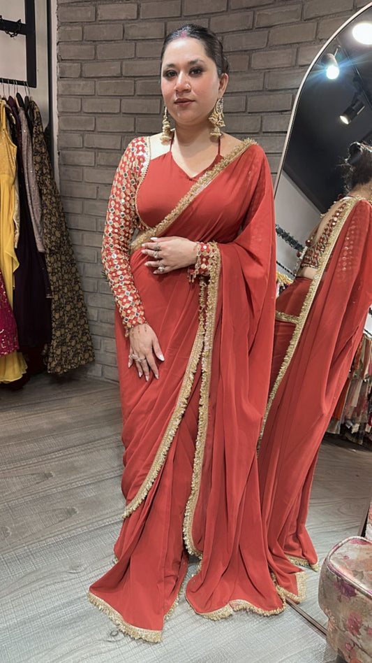 Doli Rust Designer Saree ( Delivery after Karwachauth )