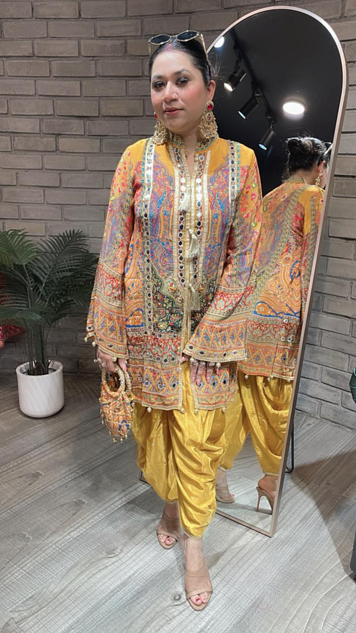 Kalam Kari Digital Dhoti style cordset with potli