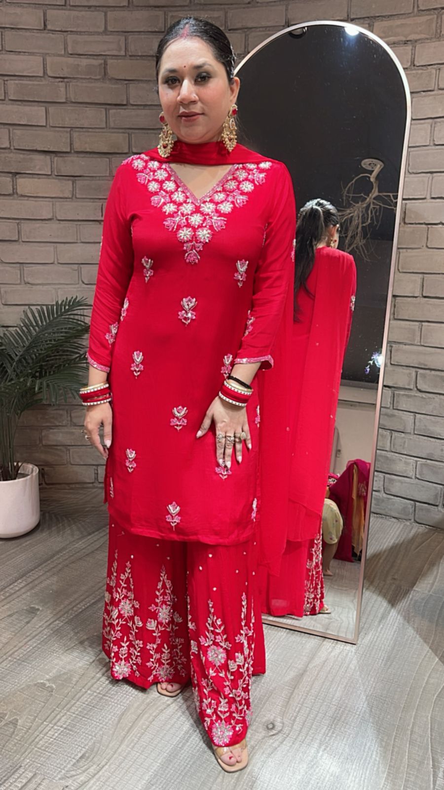 Nur Jahan Red embroidered plazzo Suit