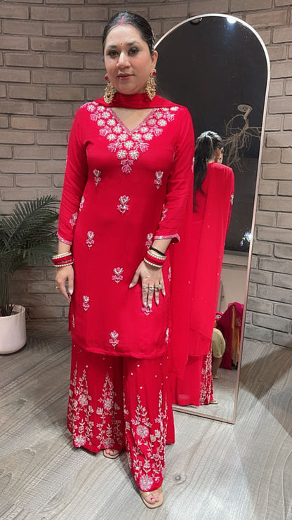 Nur Jahan Red embroidered plazzo Suit