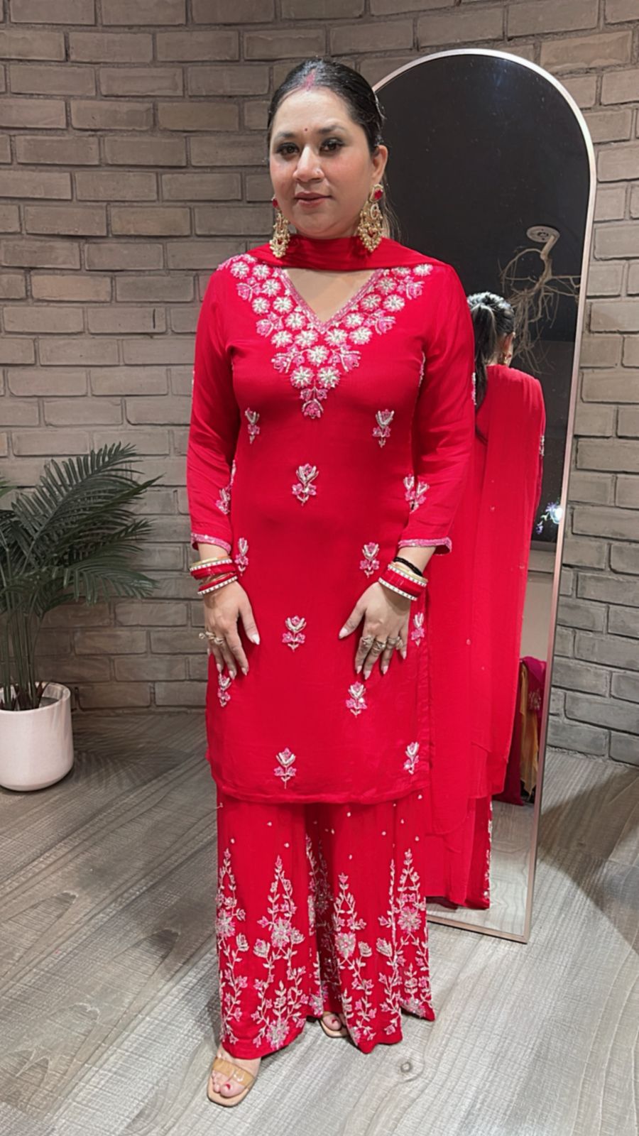 Nur Jahan Red embroidered plazzo Suit