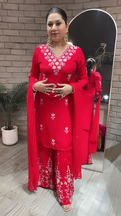 Nur Jahan Red embroidered plazzo Suit