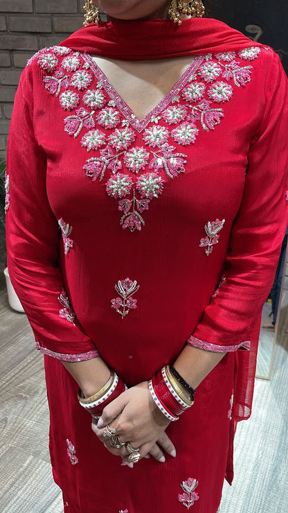 Nur Jahan Red embroidered plazzo Suit