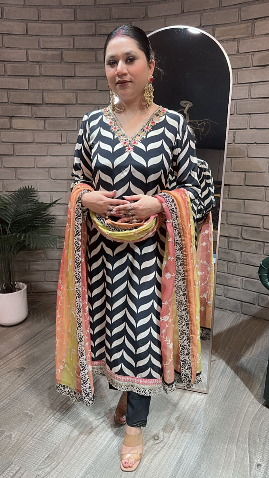 Check Black white colorful Dupatta Suit