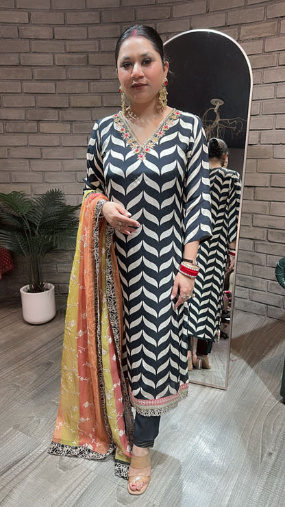 Check Black white colorful Dupatta Suit