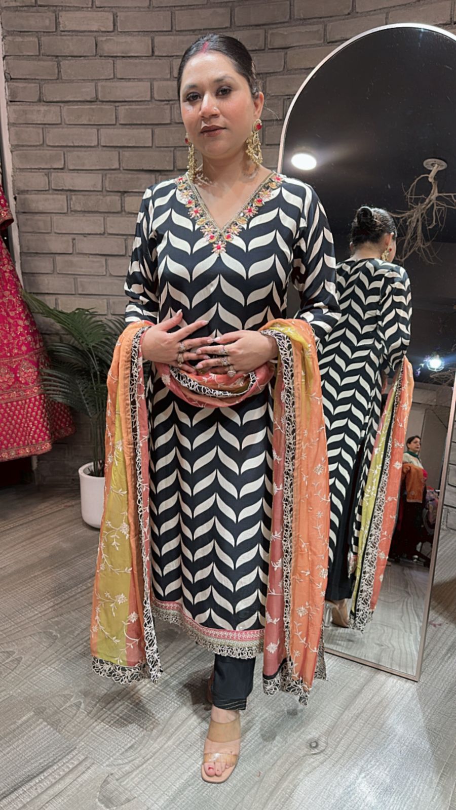 Check Black white colorful Dupatta Suit