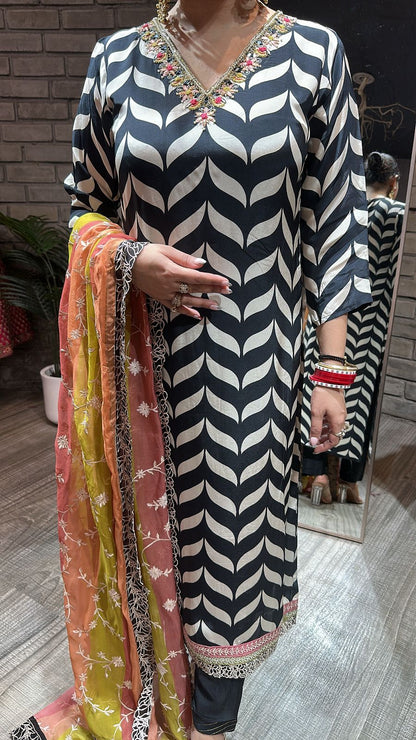 Check Black white colorful Dupatta Suit