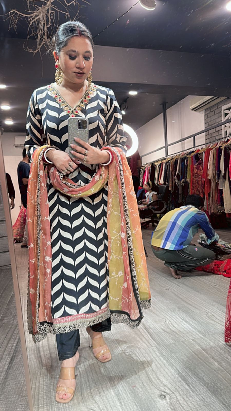 Check Black white colorful Dupatta Suit