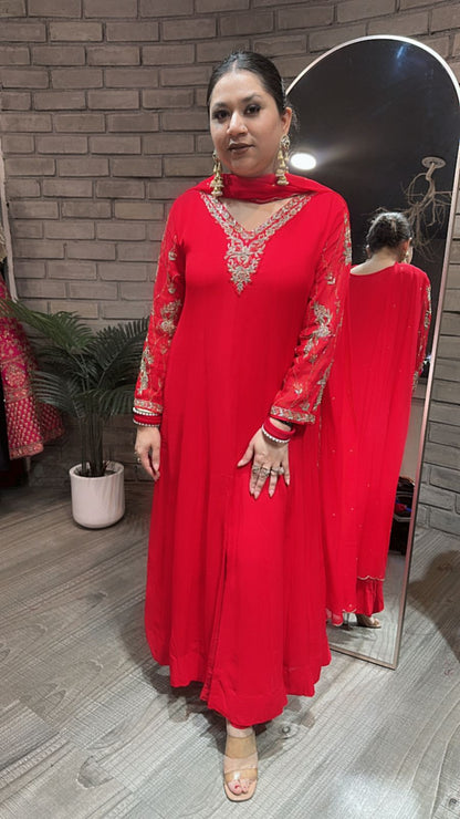 Tamana Red embroidered Aline Suit