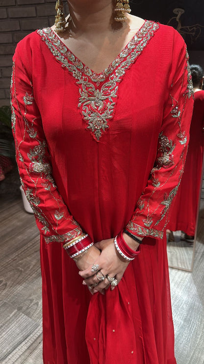 Tamana Red embroidered Aline Suit