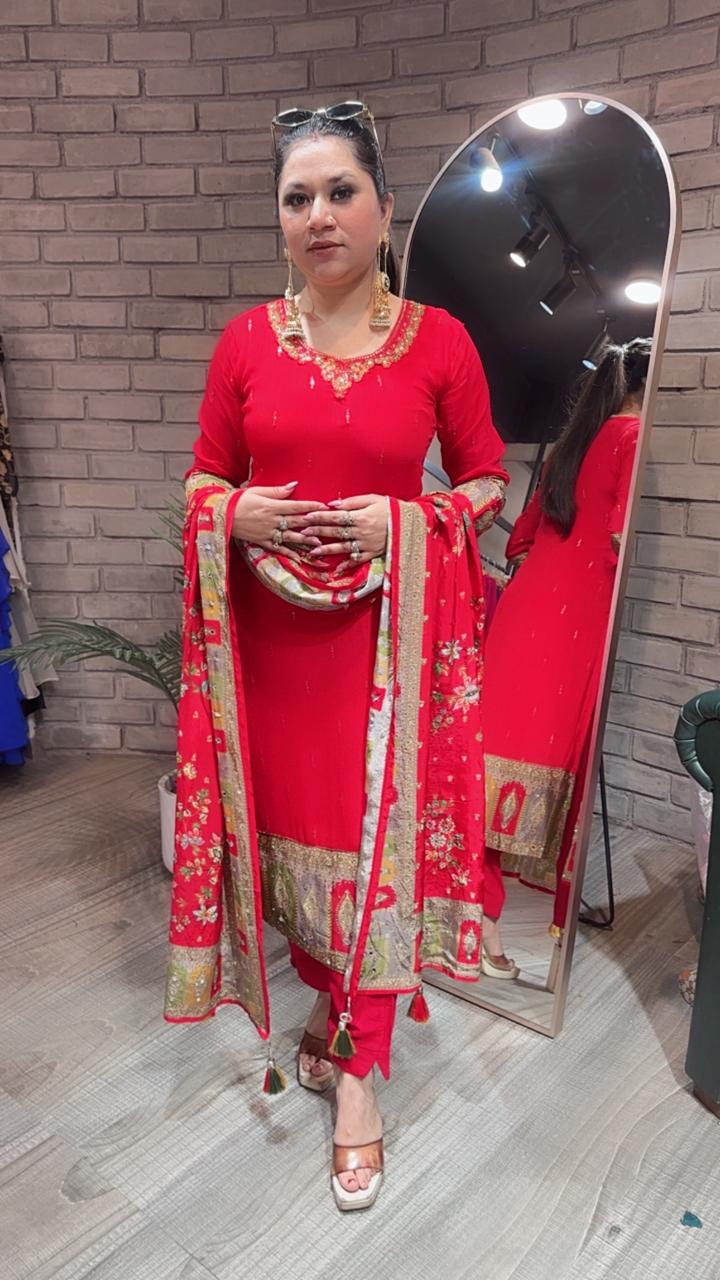 Manja Red Heavy Dupatta Designer Suit