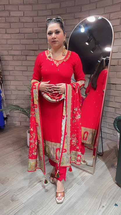 Manja Red Heavy Dupatta Designer Suit