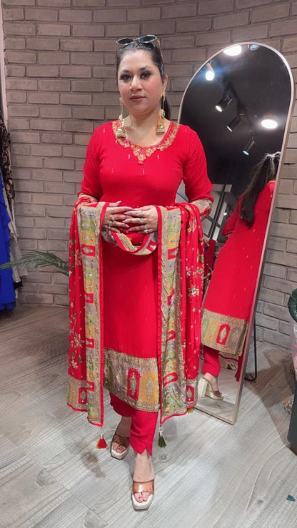 Manja Red Heavy Dupatta Designer Suit