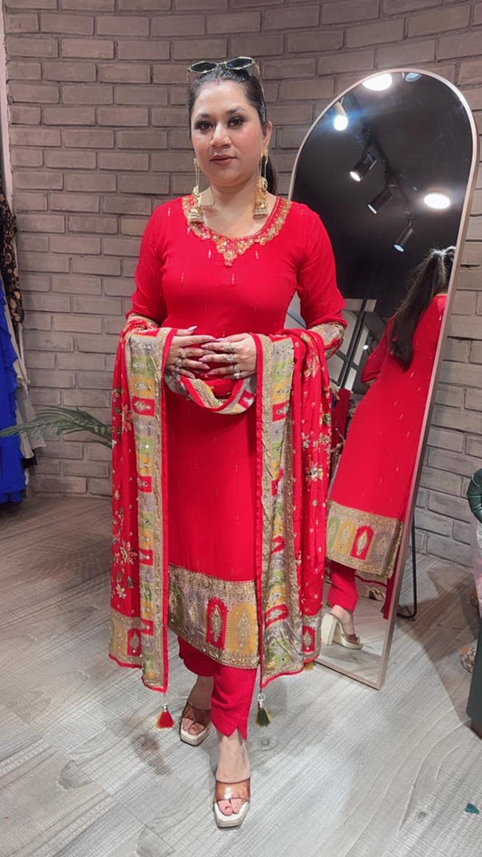 Manja Red Heavy Dupatta Designer Suit