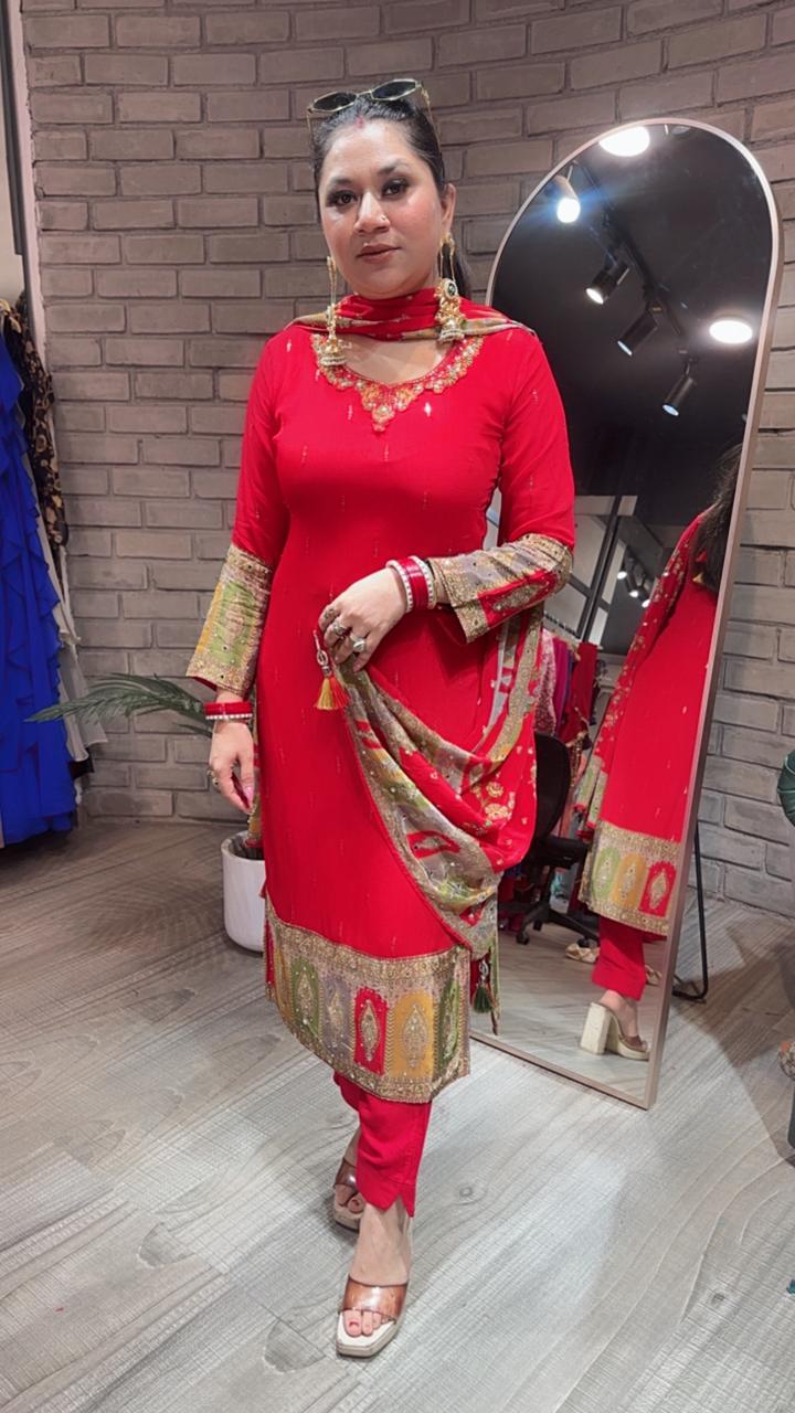 Manja Red Heavy Dupatta Designer Suit