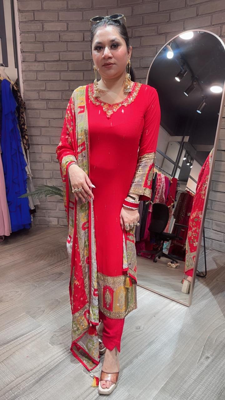 Manja Red Heavy Dupatta Designer Suit