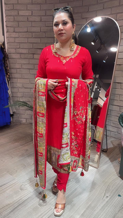 Manja Red Heavy Dupatta Designer Suit