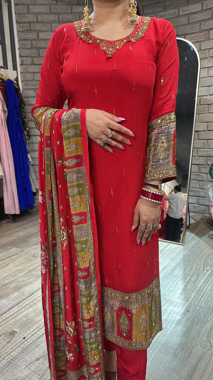Manja Red Heavy Dupatta Designer Suit