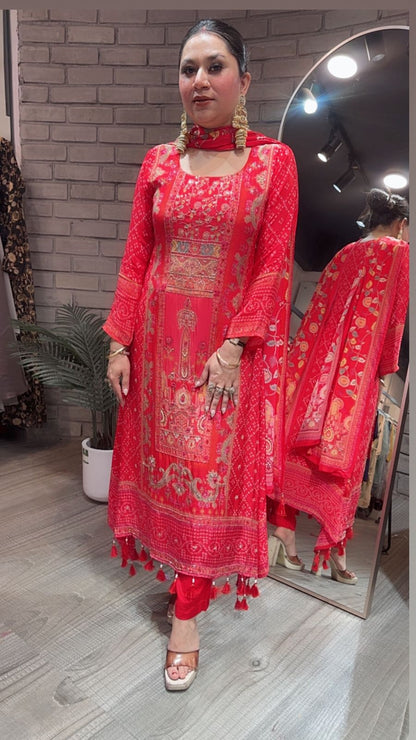 Gulzar Red Digital C-Cut Designer suit