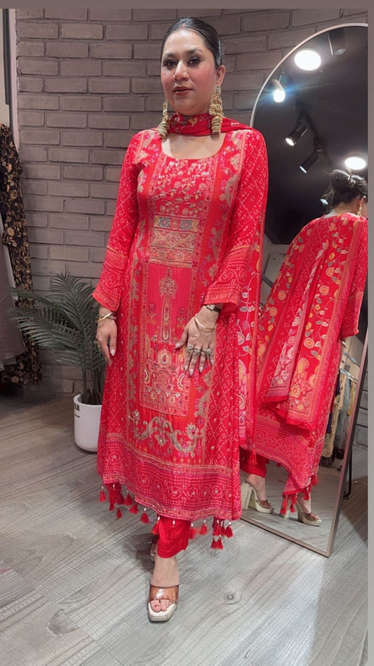 Gulzar Red Digital C-Cut Designer suit