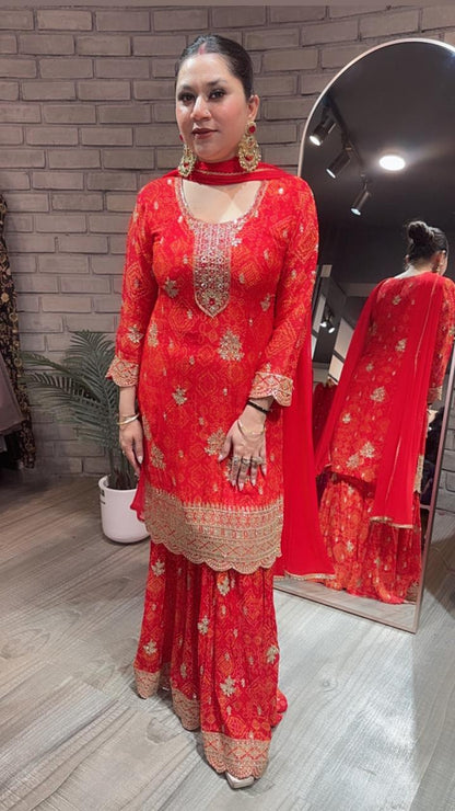 Fida Red Leheria Sharara Suit