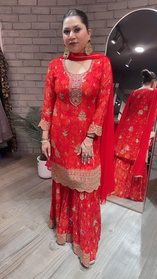 Fida Red Leheria Sharara Suit