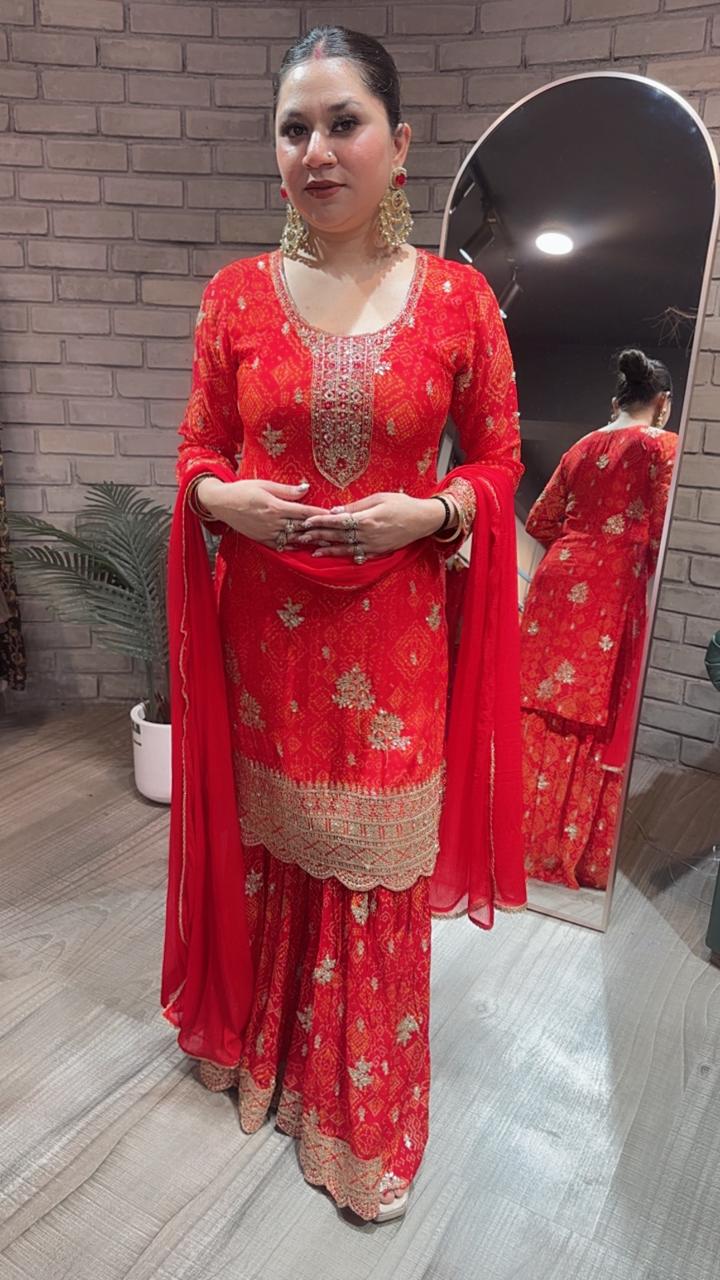 Fida Red Leheria Sharara Suit