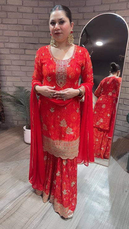 Fida Red Leheria Sharara Suit