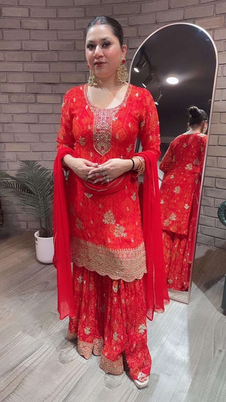 Fida Red Leheria Sharara Suit